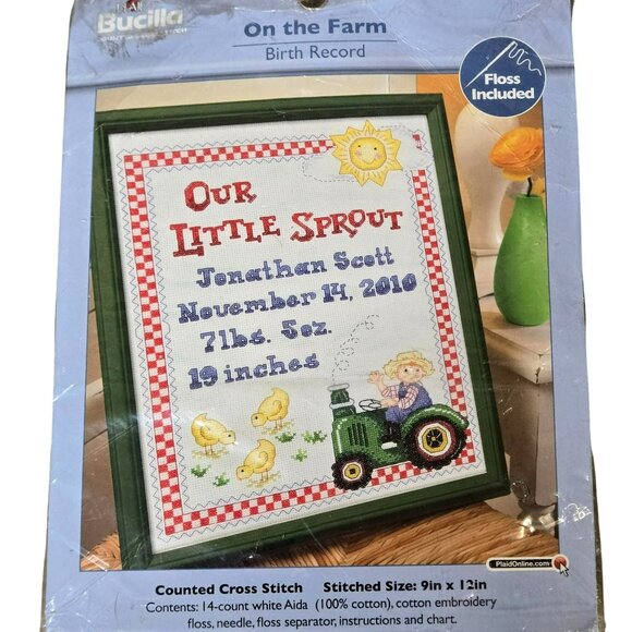 Bucilla Plaid On The Farm Birth Record Counted Cross Stitch 9x12 Kit Tractor - Picture 1 of 6